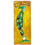 A hand-painted Harlequin circus sign by Simeon Stafford.