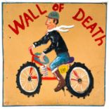 A hand-painted wall of death sign by Simeon Stafford.