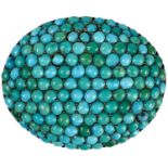 A Victorian high carat gold (tests 14ct) turquoise pavé set oval brooch.