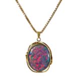 A 9ct mounted black opal triplet pendant on a 9ct box link necklace.