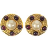 A Chanel pair of large red gripoix and faux pearl gold-tone clip earrings.