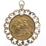 A 9ct mounted 1897 full sovereign gold coin pendant.
