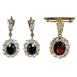 An attractive 14ct gold (tested) white sapphire and garnet cluster demi-parure.