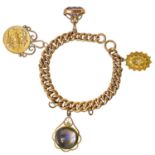 A 9ct curb link charm bracelet applied with a sovereign coin.