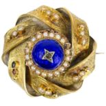 A Victorian gold (tests 14ct) blue guilloche enamel and seed pearl set knot brooch.