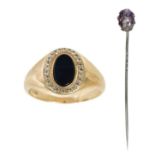 A modern 9ct hallmarked gold, diamond and onyx set gentleman's signet ring