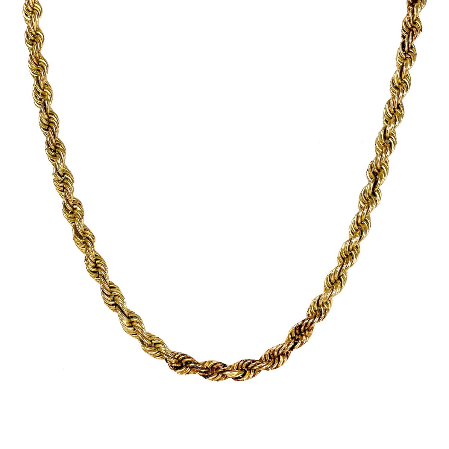 A 9ct gold rope twist long necklace.
