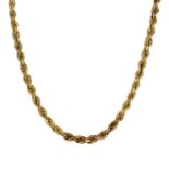 A 9ct gold rope twist long necklace.