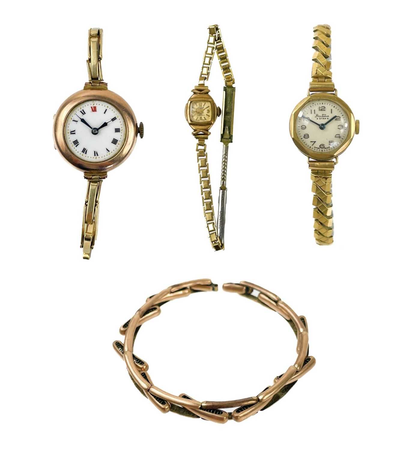 Three 9ct gold-cased lady's manual wind wristwatches and a 9ct expanding bracelet.