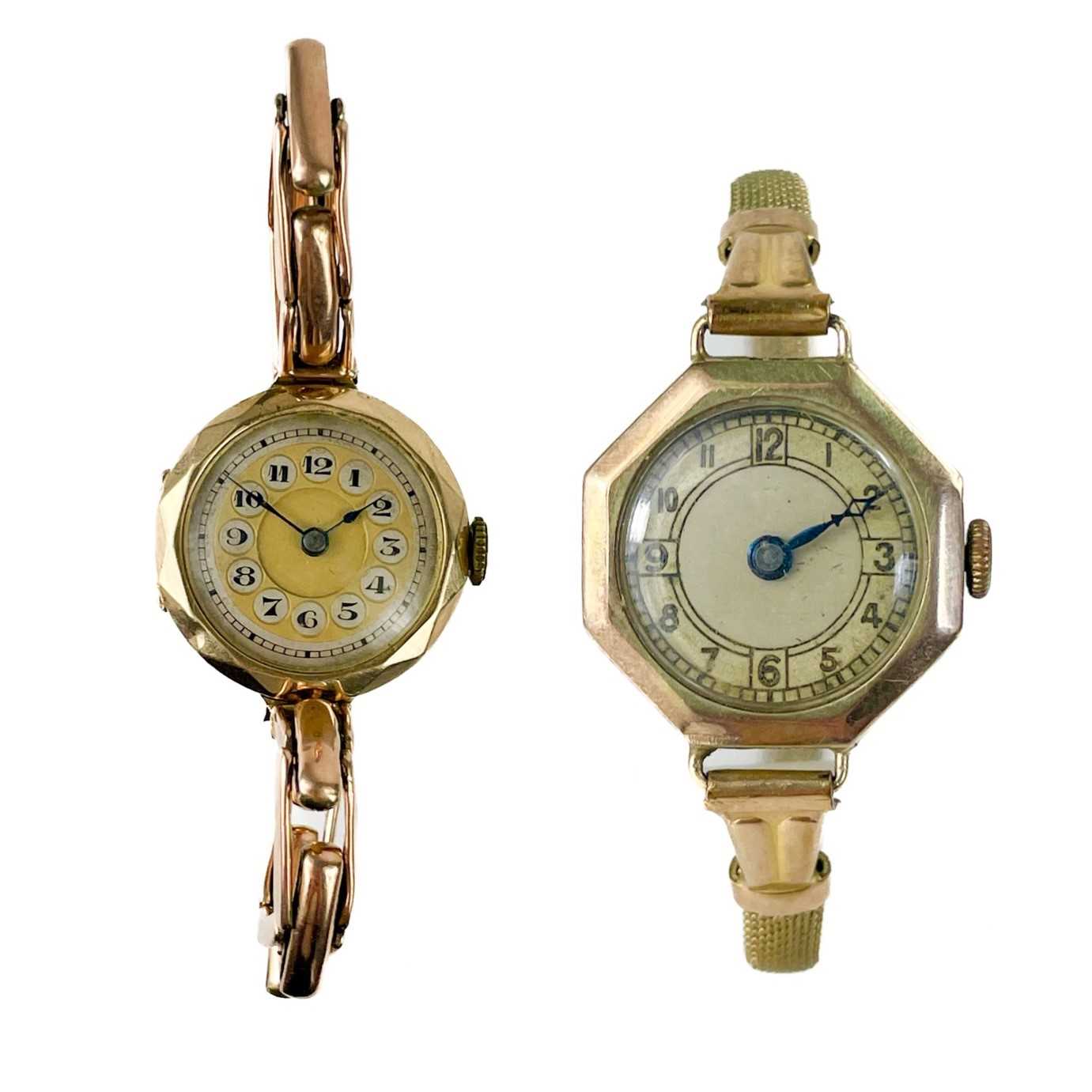 A 1920's 9ct gold lady's bracelet wristwatch and a 9ct cased wristwatch.