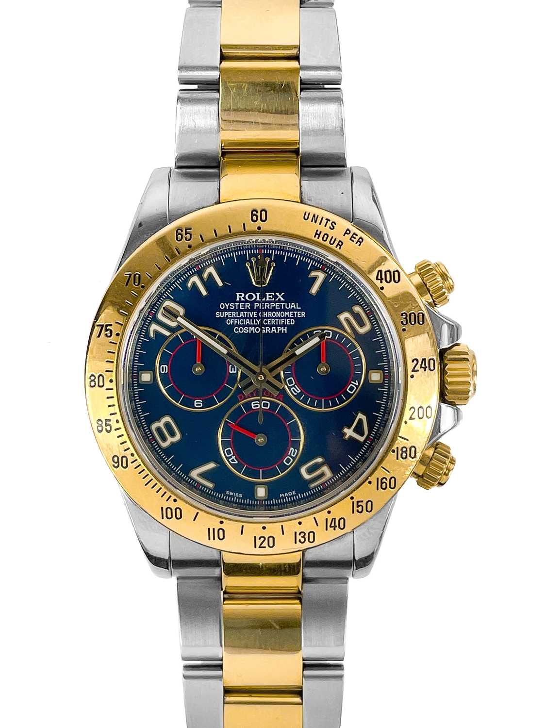 Rolex - A Rolex Cosmograph Daytona 18ct gold and steel gentleman's bracelet wristwatch, ref. 116523.