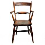 A beech and elm Oxford type kitchen Windsor elbow chair.