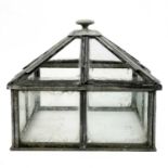 A zinc framed square section glazed garden cloche and cover.