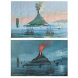 A pair of 19th Italian gouache of an erupting Stromboli.