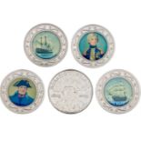 Sterling Silver 4 x 24gm Trafalgar encapsulated medallions plus Royal Mint £5 unc.coins