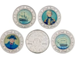 Sterling Silver 4 x 24gm Trafalgar encapsulated medallions plus Royal Mint £5 unc.coins