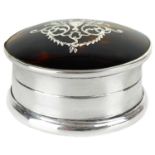 An Edwardian silver tortoiseshell pique ware pill or trinket box by Corke Bros.