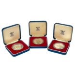 Three boxed royal mint commemorative silver proof coins.