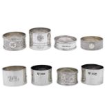 Seven various silver hallmarked napkin rings.