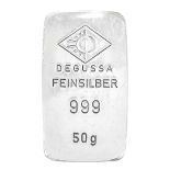 A Degussa fine silver 50g ingot.