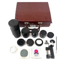 A selection of Leica camera Lenses and attachments.
