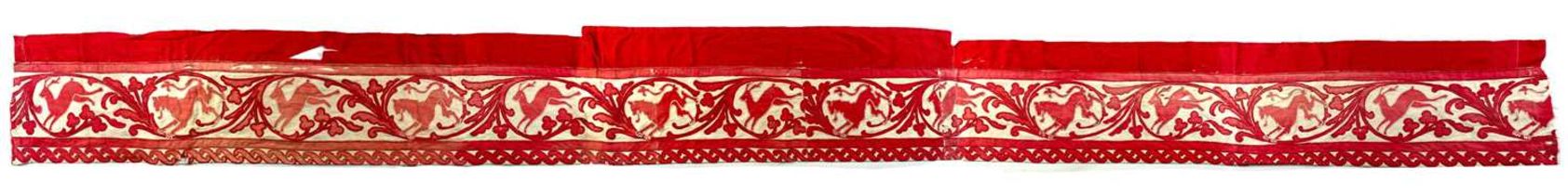 Appliqued valance of red & white silk laid upon red cotton