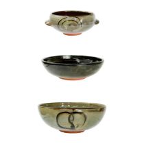Three Margaret Leach bowls, from her time in the early 1950s at the Taena Pottery, each with