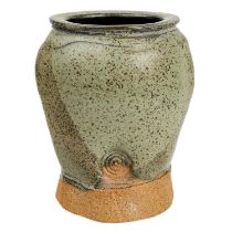 A stoneware Walter 'Wally' Keeler vase with speckled glaze and impressed swirl decoration, signed to