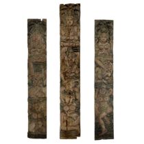 Three large carved wood tantric Shiva temple panels, Kerala, South West India.