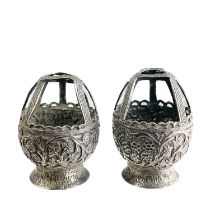 A pair of Kashmiri silver salt or spice pots.