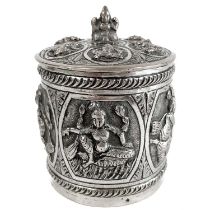 A 19th century Indian Swami silver cylindrical tea caddy.