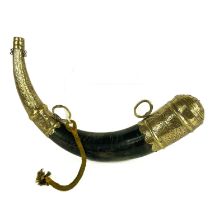 A Persian brass powder horn, 19th century.