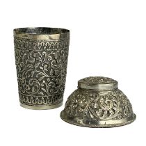 An Indian Swami silver small inkwell and a tumbler cup.