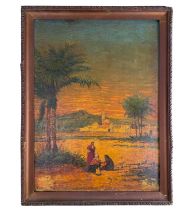 A Middle Eastern oil on board of 'figures in a landscape', 19th century.