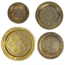 Two Cairoware brass and silver inlaid trays, Egypt, circa 1900.