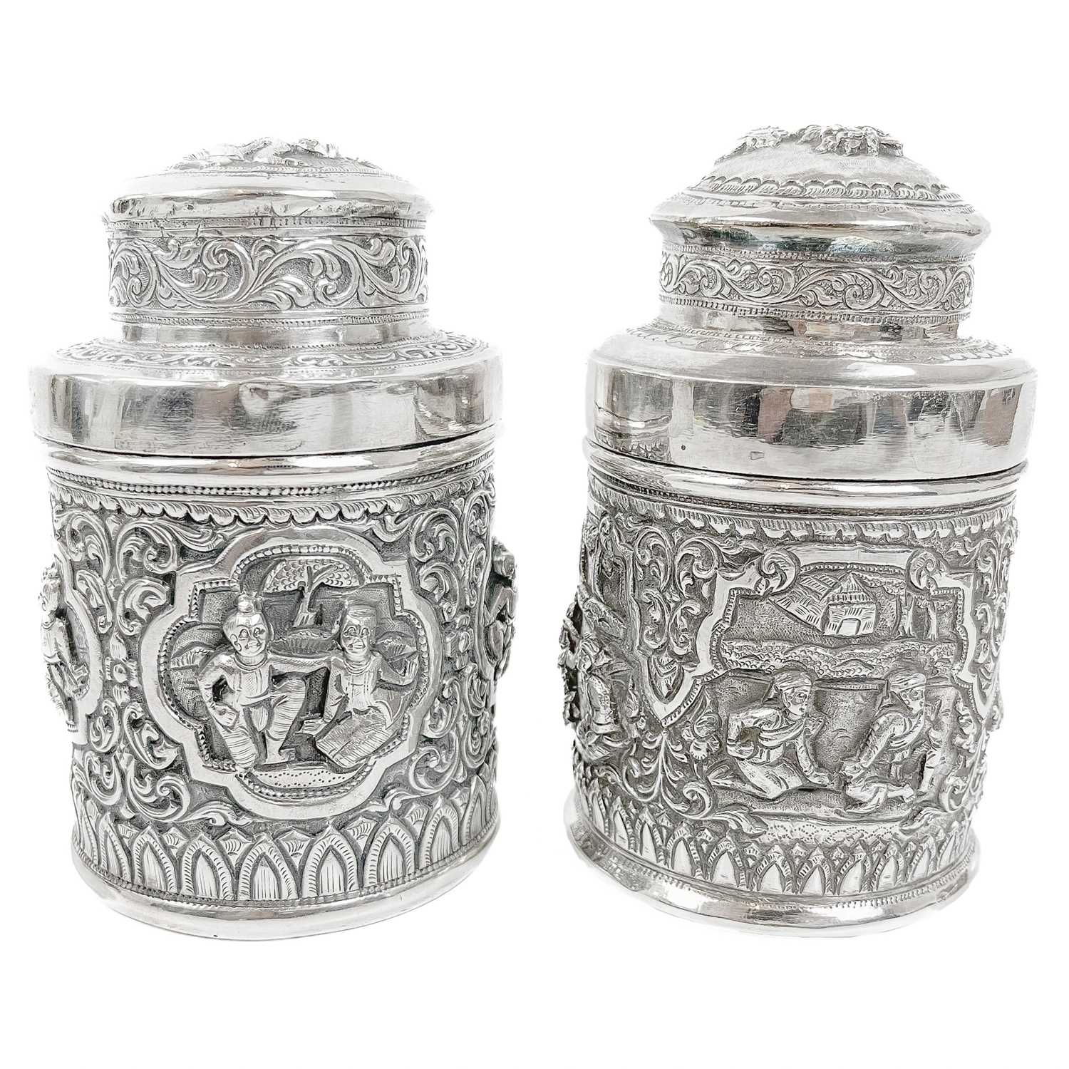 Two Burmese silver lidded cannisters, mid 20th century