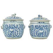 Two similar Chinese blue and white porcelain pots and covers.