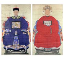 A large pair of Chinese ancestor portrait paintings, 19th century.