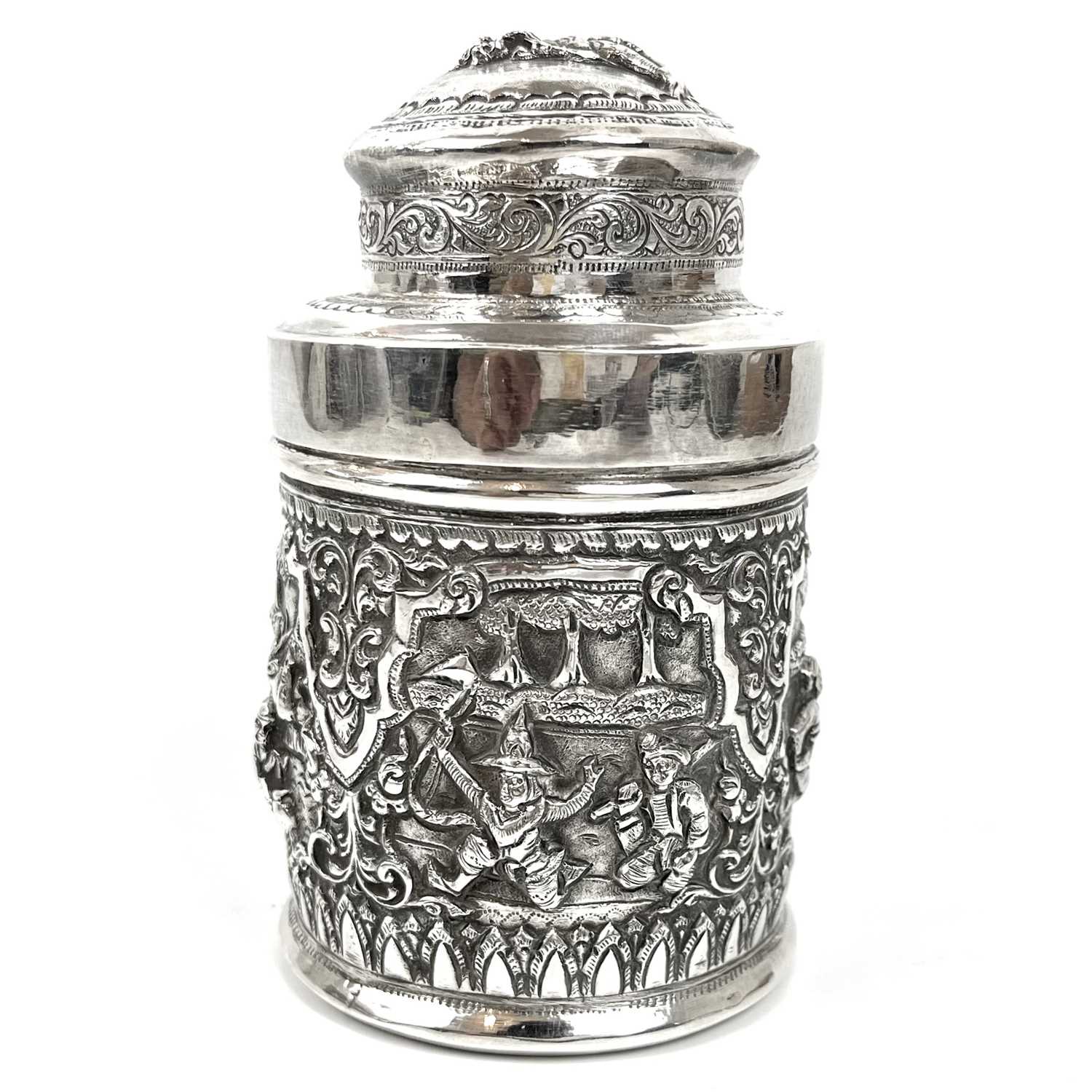 Two Burmese silver lidded cannisters, mid 20th century - Image 9 of 25