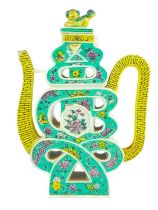 A Chinese famille verte porcelain puzzle teapot, early 20th century.