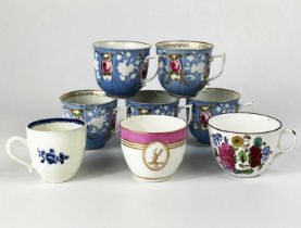 A Caughley blue and white tea cup and other teaware.