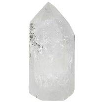 A large hexagonal clear quartz obelisk.