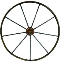 A late wrought iron implement/cart wheel.