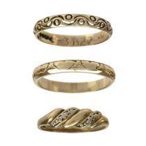 Three 9ct gold patterned rings.