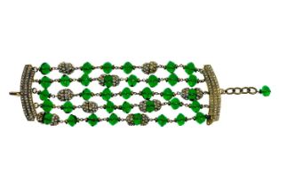A Chanel 24ct gold-plated green Gripoix beaded five-strand bracelet, circa 1990-91.