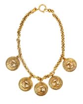 A Chanel 24ct gold-plated CC five medallion necklace, circa 1990-91.