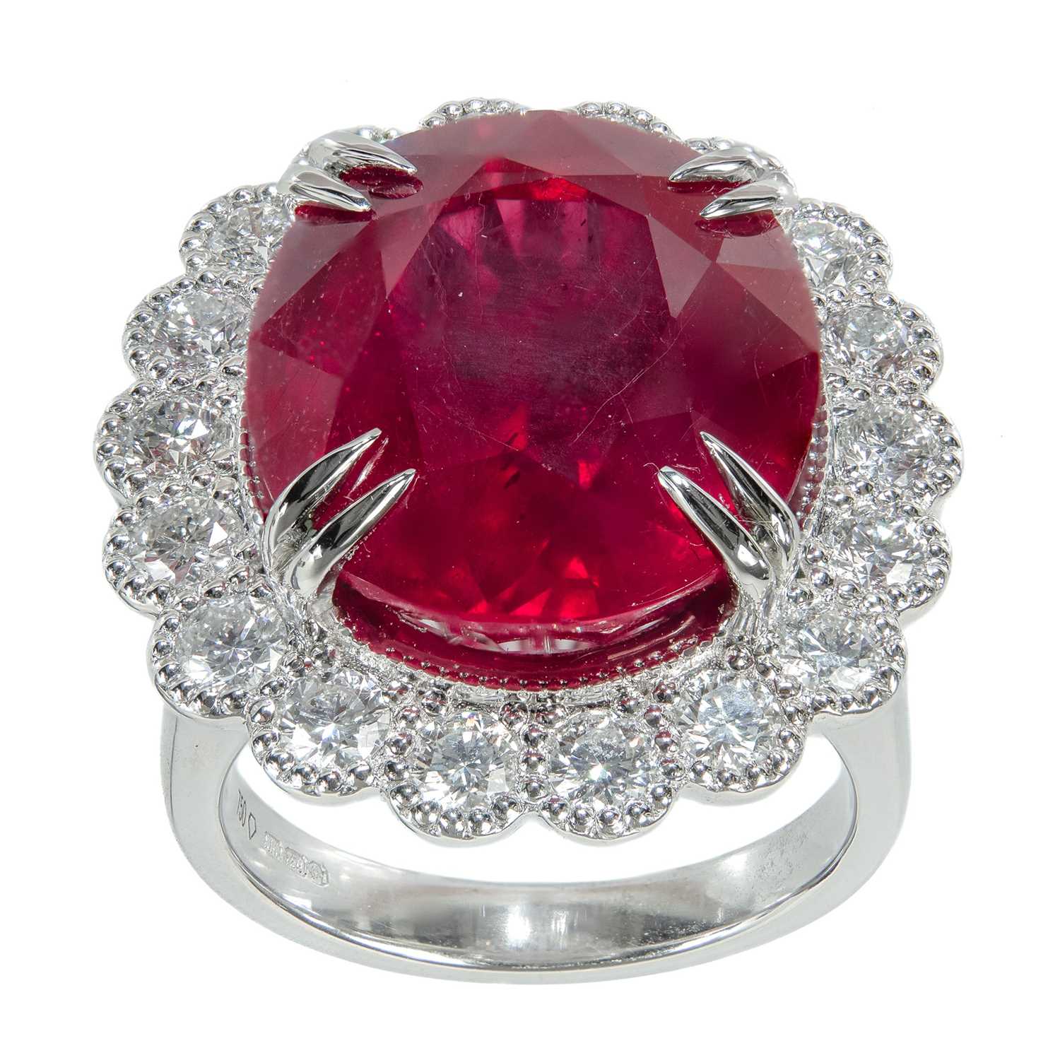 An impressive 18ct white gold, 14.5ct (approx) ruby and diamond cluster dress ring.