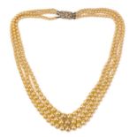 An early 20th century graduated simulated pearl three-strand choker necklace.