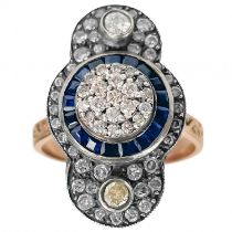 An 8ct rose gold Georgian style diamond and sapphire set elongated cluster dress ring.