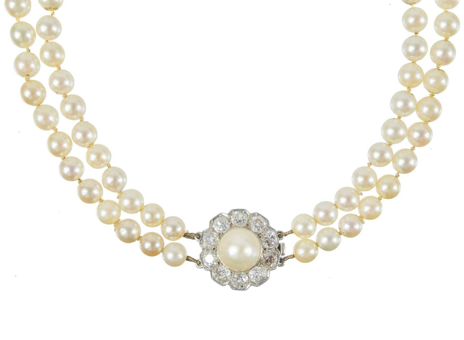 An impressive early 20th century cultured pearl, diamond set, double-row necklace & earrings suite. - Image 4 of 9
